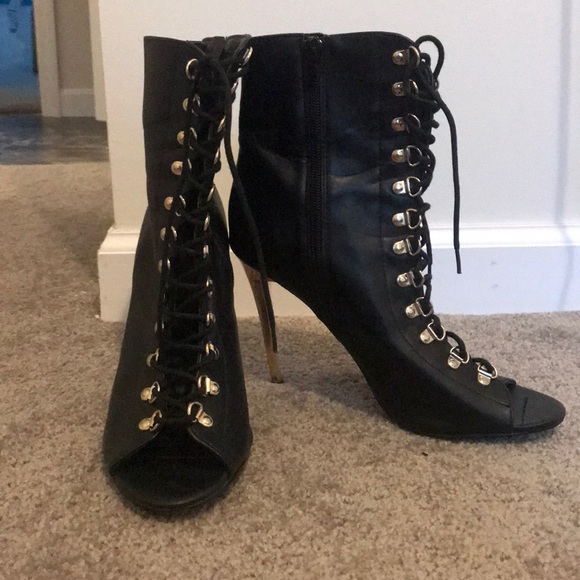 Charlotte Russe Shoes - Black and gold open toed lace up heel boots